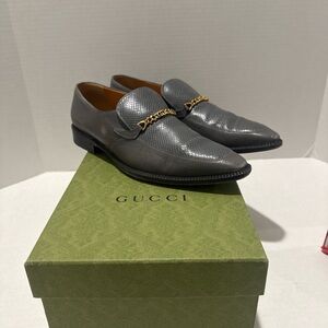 Gucci Metallic Gray Men's Loafers with Gold Accent